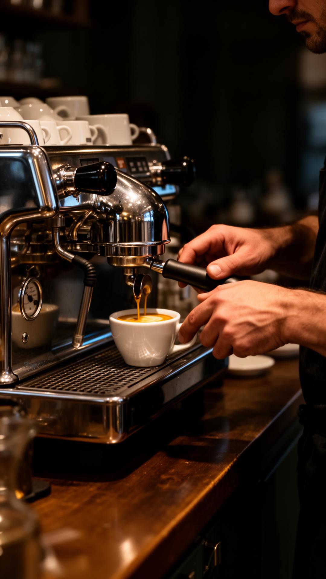 Barista ruošia espresą profesionalia kavos mašina